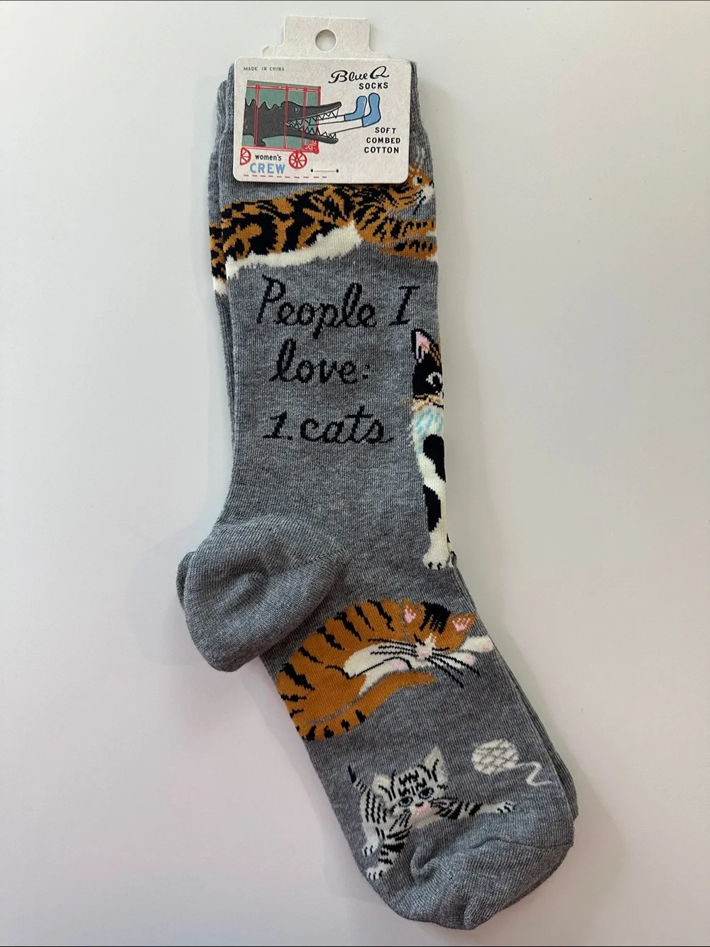 Blue Q Crew Socks “People I Love: 1. CATS”Playful Tabby & Calico Designs, Cotton